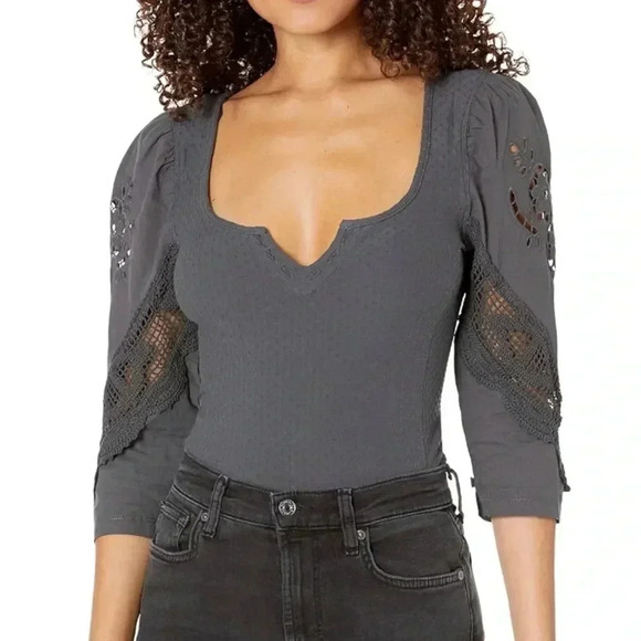 Free People Gray Eyelet Sleeve Top - Picture 13 of 15